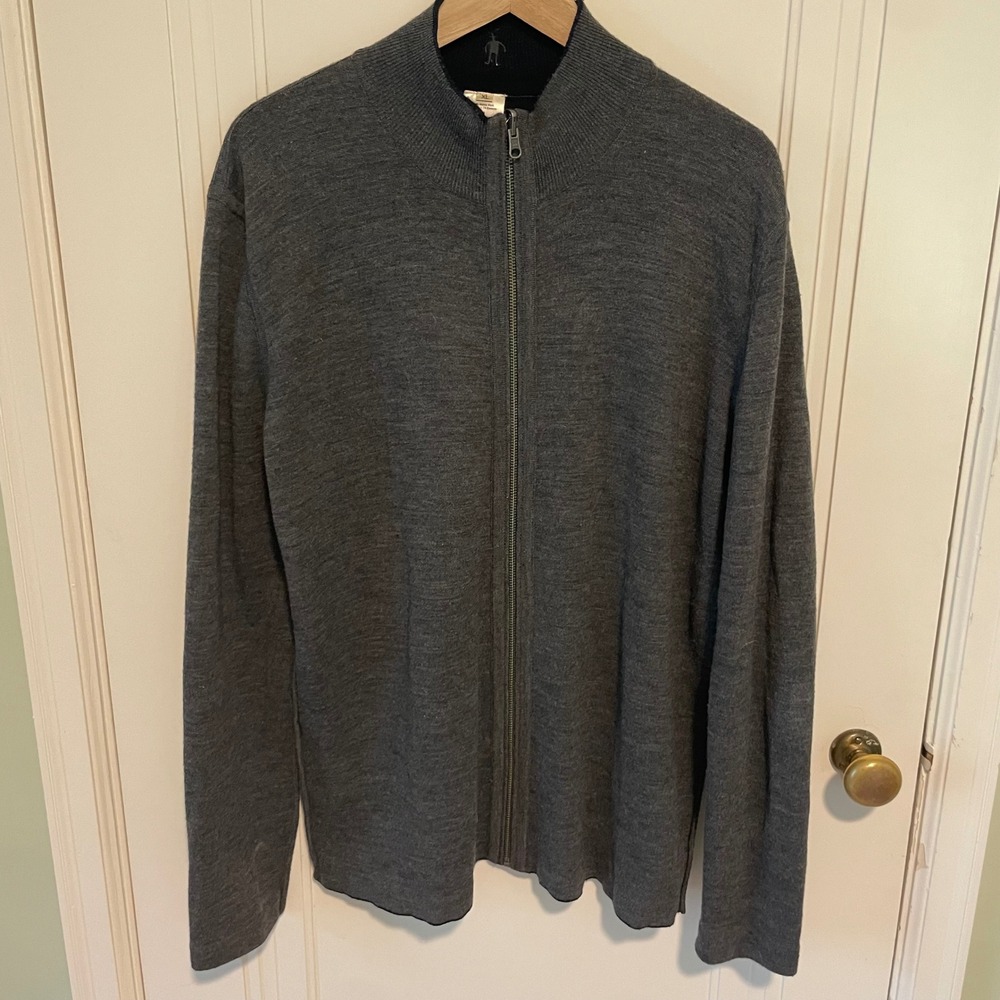 Smartwool Reversible Full Zip Sweater XL Gray Navy Blue Merino Wool Mock Neck